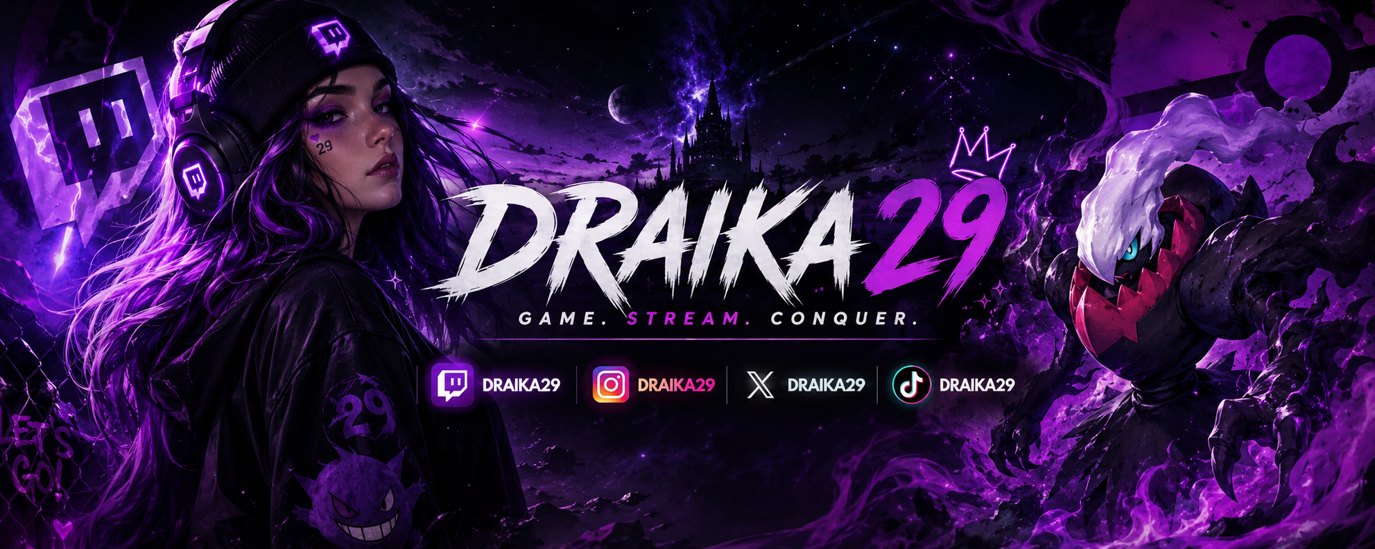 Banner oficial de Draika29 con estética violeta y negra